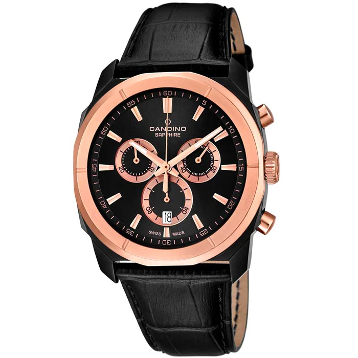 Мъжки ръчен часовник с кварцов механизъм - корпус от Стомана - Естествена кожа - цвят Черен Черен