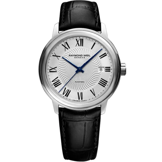 Raymond Weil 2237-STC-00659 Maestro - Мъжки ръчен часовник с механичен механизъм - корпус от Стомана - Естествена кожа - цвят Сребрист Черен