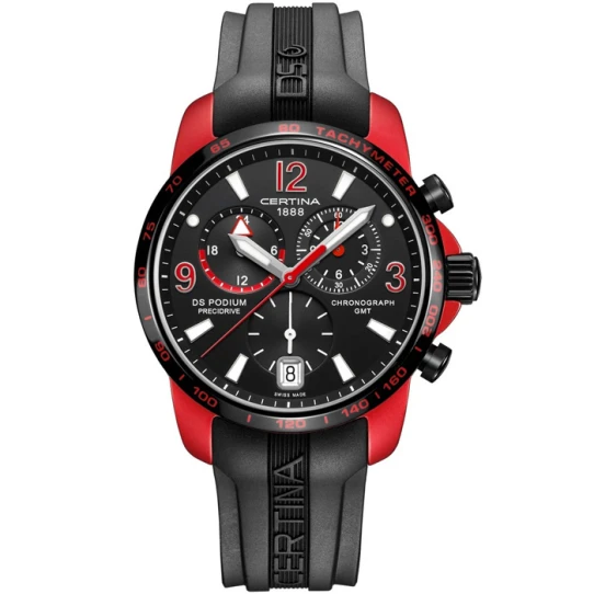 Certina C001.639.97.057.01 DS Podium Big GMT - Мъжки ръчен часовник с кварцов механизъм - корпус от Стомана и алуминий - Каучук - цвят Черен Черен