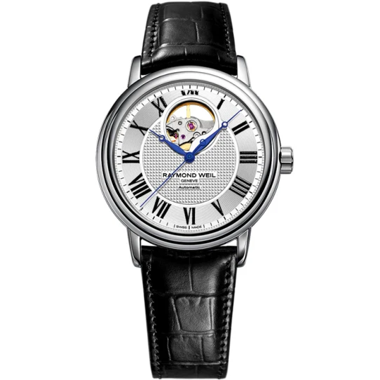 Мъжки ръчен часовник с автоматичен механизъм - корпус от Стомана - Естествена кожа - цвят Бял Черен