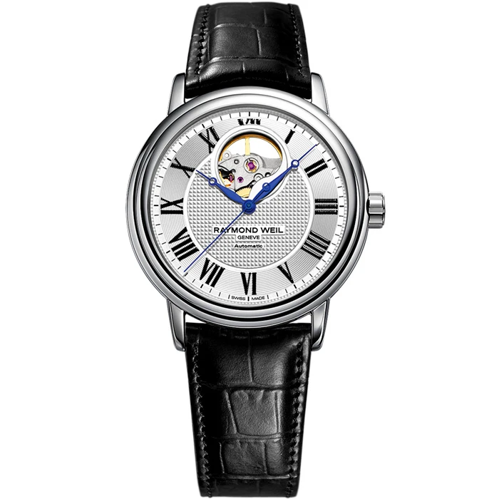 Мъжки ръчен часовник с автоматичен механизъм - корпус от Стомана - Естествена кожа - цвят Бял Черен