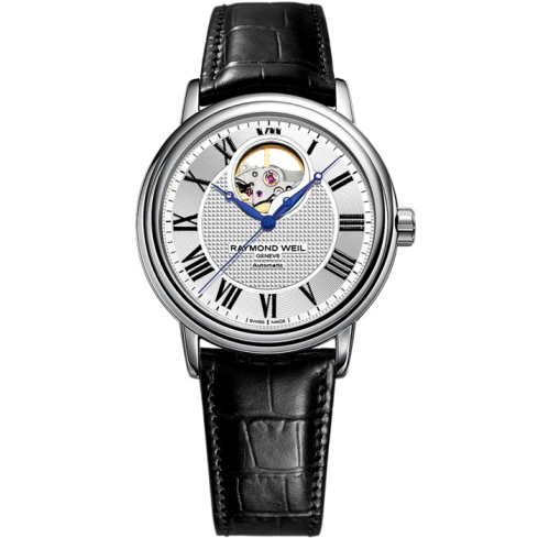 Мъжки ръчен часовник с автоматичен механизъм - корпус от Стомана - Естествена кожа - цвят Бял Черен