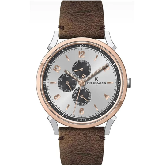 Мъжки ръчен часовник с кварцов механизъм - корпус от Стомана - Естествена кожа - цвят Сив Кафяв