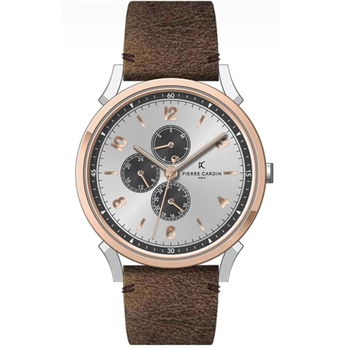 Мъжки ръчен часовник с кварцов механизъм - корпус от Стомана - Естествена кожа - цвят Сив Кафяв