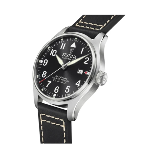 Мъжки ръчен часовник с автоматичен механизъм - корпус от Стомана - Естествена кожа - цвят Черен Бял