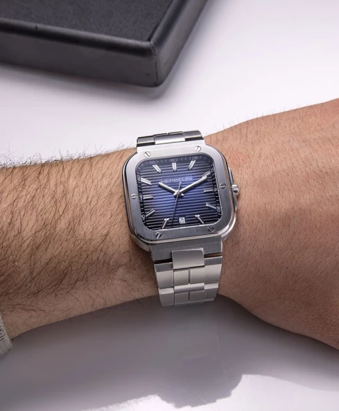 Мъжки ръчен часовник с кварцов механизъм - корпус от Стомана - Стоманена верижка - цвят Син Сив