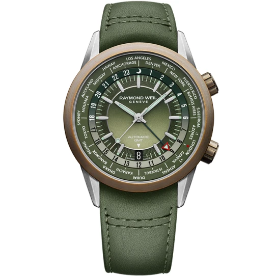 Мъжки ръчен часовник с механичен механизъм - корпус от Бронз - Естествена кожа - цвят Зелен Зелен