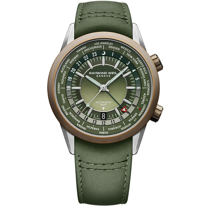 Мъжки ръчен часовник с механичен механизъм - корпус от Бронз - Естествена кожа - цвят Зелен Зелен