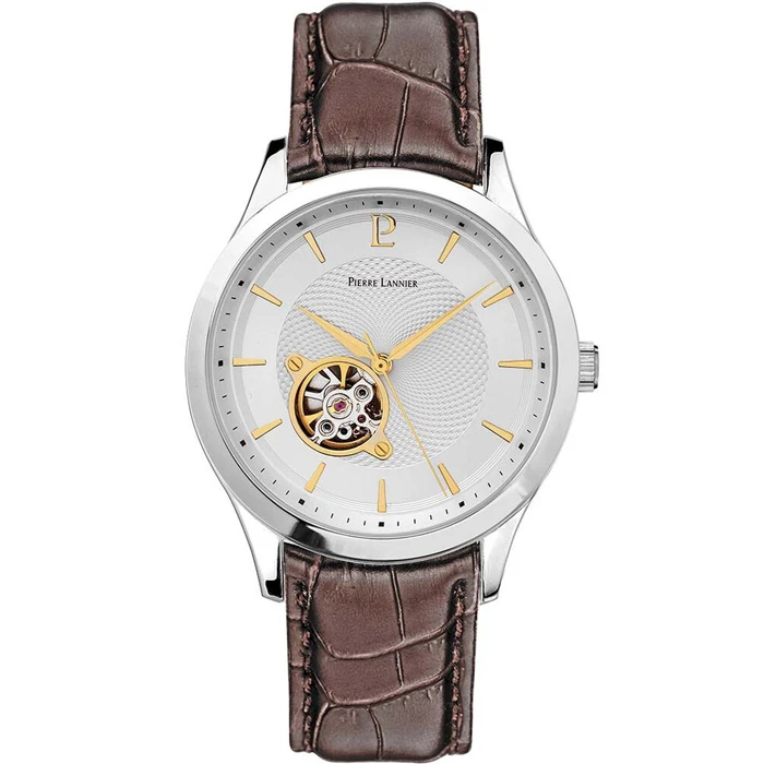 Мъжки ръчен часовник с автоматичен механизъм - корпус от Стомана - Естествена кожа - цвят Бял