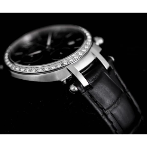 Дамски ръчен часовник с кварцов механизъм - корпус от Стомана - Естествена кожа - цвят Черен Черен