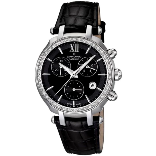 Дамски ръчен часовник с кварцов механизъм - корпус от Стомана - Естествена кожа - цвят Черен Черен