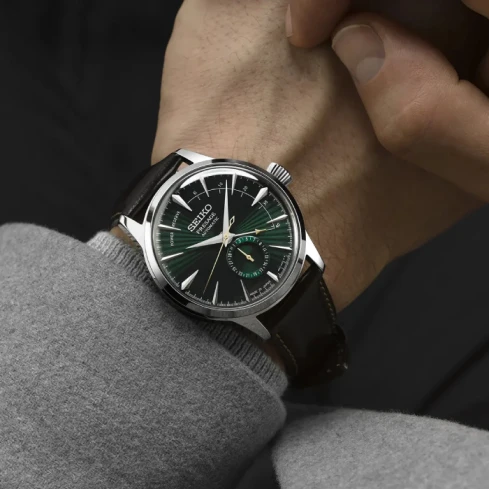 Мъжки ръчен часовник с автоматичен механизъм - корпус от Стомана - Естествена кожа - цвят Зелен Черен