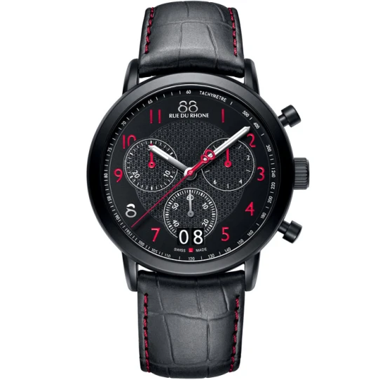 Rue du Rhone 87WA130032 - Мъжки ръчен часовник с кварцов механизъм - корпус от Стомана - Естествена кожа - цвят Черен Червен