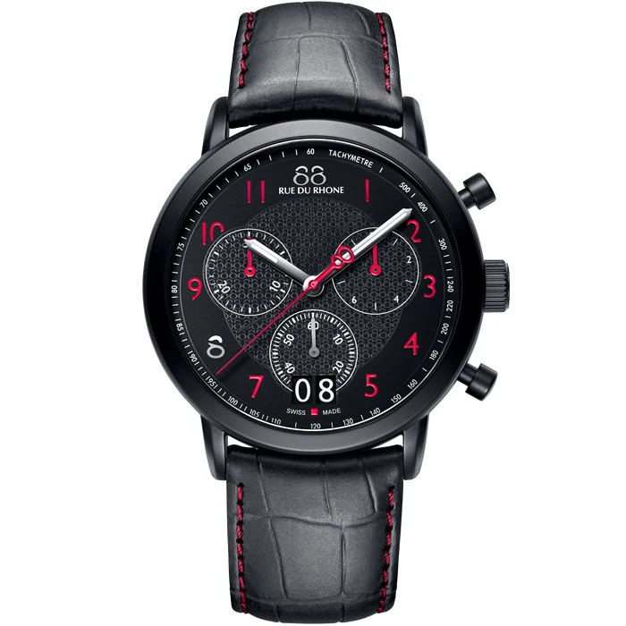 Мъжки ръчен часовник с кварцов механизъм - корпус от Стомана - Естествена кожа - цвят Черен Червен