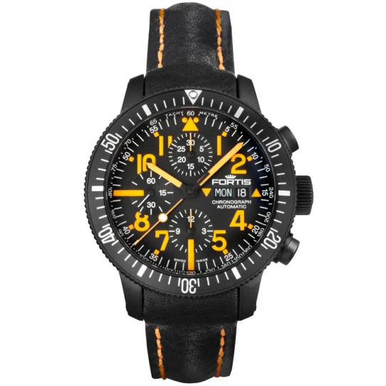 Мъжки ръчен часовник с механичен механизъм - корпус от Титан - Естествена кожа - цвят Черен Оранжев