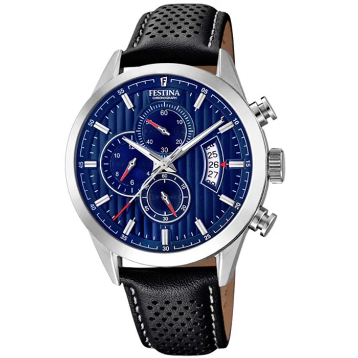 Мъжки ръчен часовник с кварцов механизъм - корпус от Стомана - Естествена кожа - цвят Син Бял