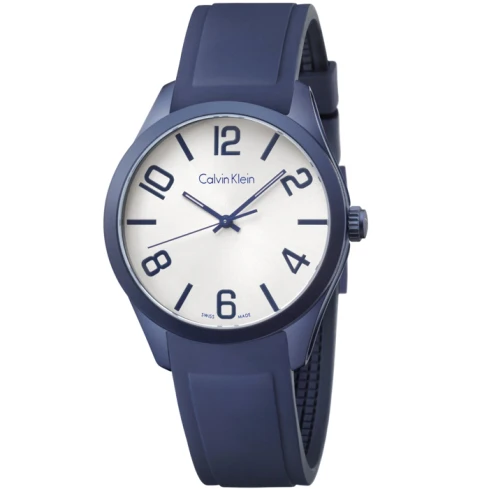 Calvin Klein K5E51XV6 Color - Мъжки ръчен часовник с кварцов механизъм - корпус от Стомана и алуминий - Силиконова каишка - цвят Бял Син