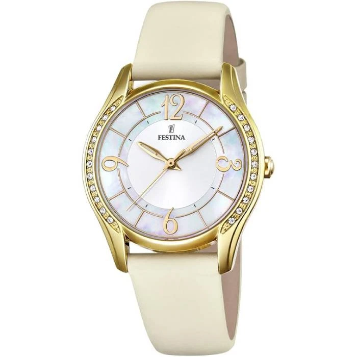 Дамски ръчен часовник с кварцов механизъм - корпус от Стомана - Естествена кожа - цвят Седеф Бежов