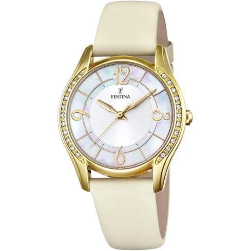 Дамски ръчен часовник с кварцов механизъм - корпус от Стомана - Естествена кожа - цвят Седеф Бежов