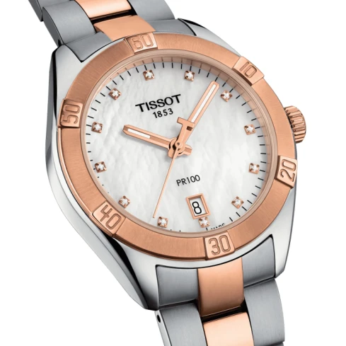 Tissot T101.910.22.116.00 PR 100 - Дамски ръчен часовник с кварцов механизъм - корпус от Стомана - Стоманена верижка - цвят Седеф Розово Злато