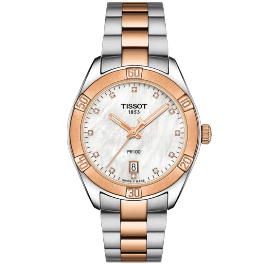 Tissot T101.910.22.116.00 PR 100 - Дамски ръчен часовник с кварцов механизъм - корпус от Стомана - Стоманена верижка - цвят Седеф Розово Злато