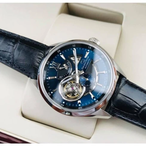 Мъжки ръчен часовник с автоматичен механизъм - корпус от Стомана - Естествена кожа - цвят Син