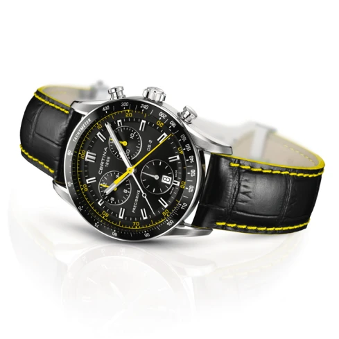 Мъжки ръчен часовник с кварцов механизъм - корпус от Стомана - Естествена кожа - цвят Черен Жълт