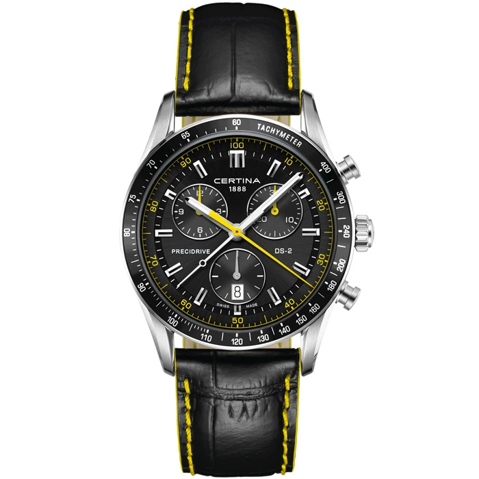 Мъжки ръчен часовник с кварцов механизъм - корпус от Стомана - Естествена кожа - цвят Черен Жълт