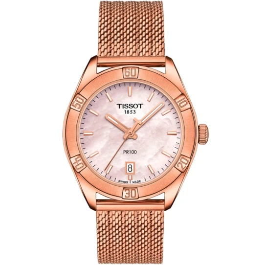 Tissot T101.910.33.151.00 PR 100 - Дамски ръчен часовник с кварцов механизъм - корпус от Стомана - Стоманена верижка - цвят Седеф Розово Злато