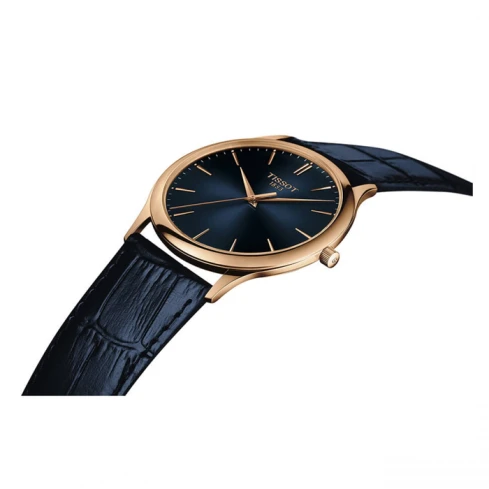 Мъжки ръчен часовник с кварцов механизъм - корпус от Розово злато - Естествена кожа - цвят Син Син