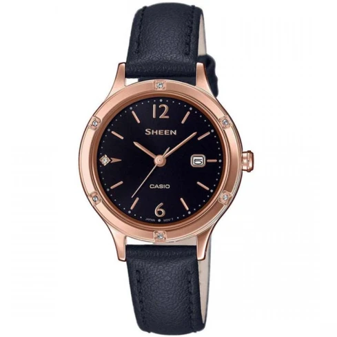 Casio SHE-4533PGL-1AUER Sheen - Дамски ръчен часовник с кварцов механизъм - корпус от Стомана - Естествена кожа - цвят Черен Син
