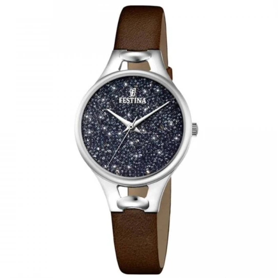 Дамски ръчен часовник с кварцов механизъм - корпус от Стомана - Естествена кожа - цвят Син Кафяв