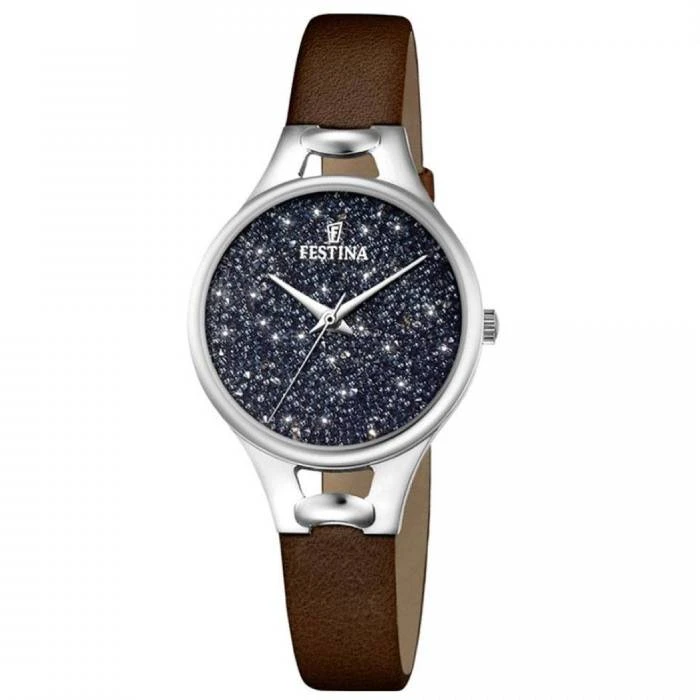 Дамски ръчен часовник с кварцов механизъм - корпус от Стомана - Естествена кожа - цвят Син Кафяв