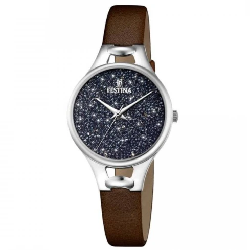 Дамски ръчен часовник с кварцов механизъм - корпус от Стомана - Естествена кожа - цвят Син Кафяв