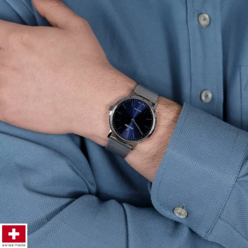 Мъжки ръчен часовник с кварцов механизъм - корпус от Стомана - Меш - цвят Син