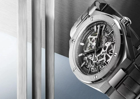 Мъжки ръчен часовник с автоматичен механизъм - корпус от Стомана - Стоманена верижка - цвят Скелетон Сив