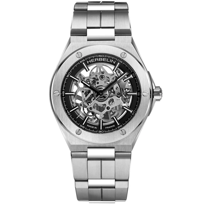 Мъжки ръчен часовник с автоматичен механизъм - корпус от Стомана - Стоманена верижка - цвят Скелетон Сив