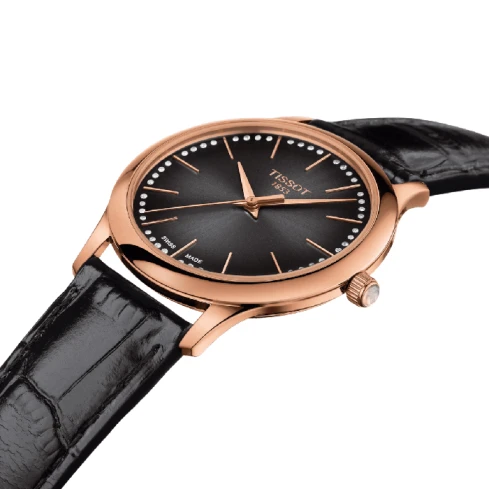 Дамски ръчен часовник с кварцов механизъм - корпус от 18К Злато - Естествена кожа - цвят Кафяв Черен