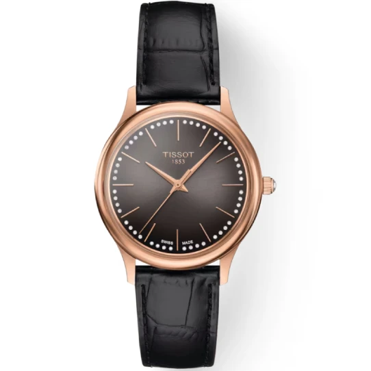 Дамски ръчен часовник с кварцов механизъм - корпус от 18К Злато - Естествена кожа - цвят Кафяв Черен