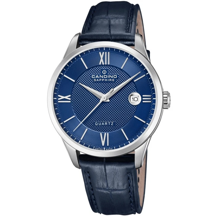 Мъжки ръчен часовник с кварцов механизъм - корпус от Стомана - Естествена кожа - цвят Син Син