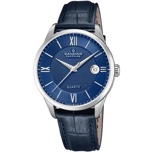 Мъжки ръчен часовник с кварцов механизъм - корпус от Стомана - Естествена кожа - цвят Син Син