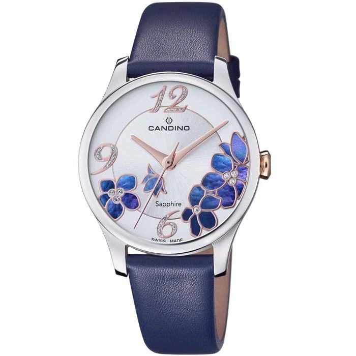 Дамски ръчен часовник с кварцов механизъм - корпус от Стомана - Естествена кожа - цвят Седеф Син