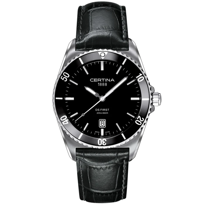 Мъжки ръчен часовник с кварцов механизъм - корпус от Стомана и керамика - Естествена кожа - цвят Черен Черен