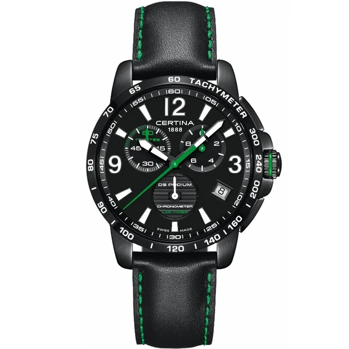 Мъжки ръчен часовник с кварцов механизъм - корпус от Стомана - Естествена кожа - цвят Черен Зелен