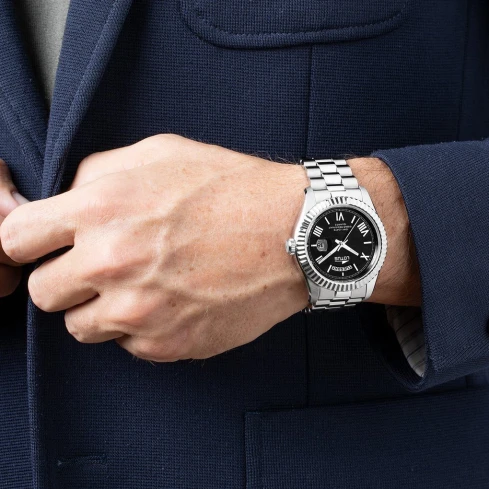 Мъжки ръчен часовник с кварцов механизъм - корпус от Стомана - Стоманена верижка - цвят Черен Сив