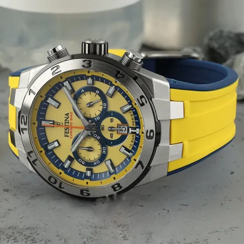 Мъжки ръчен часовник с кварцов механизъм - корпус от Стомана - Каучук - цвят Жълт Син