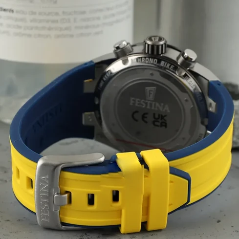 Мъжки ръчен часовник с кварцов механизъм - корпус от Стомана - Каучук - цвят Жълт Син