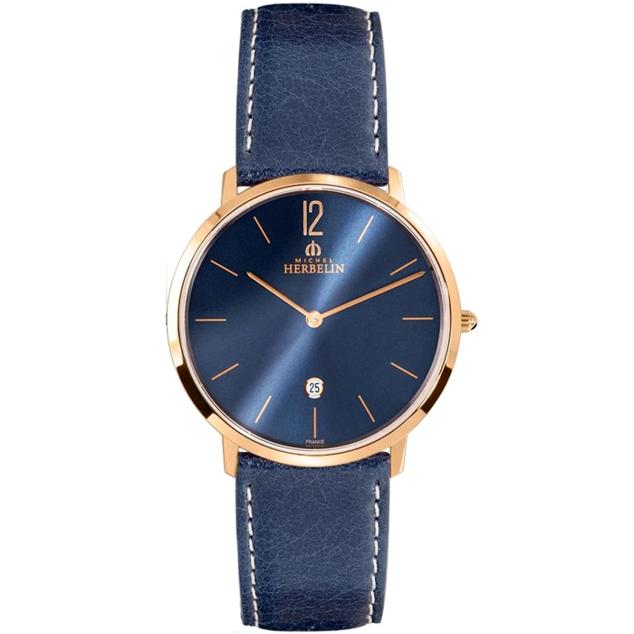 Мъжки ръчен часовник с кварцов механизъм - корпус от Стомана - Естествена кожа - цвят Син Бял