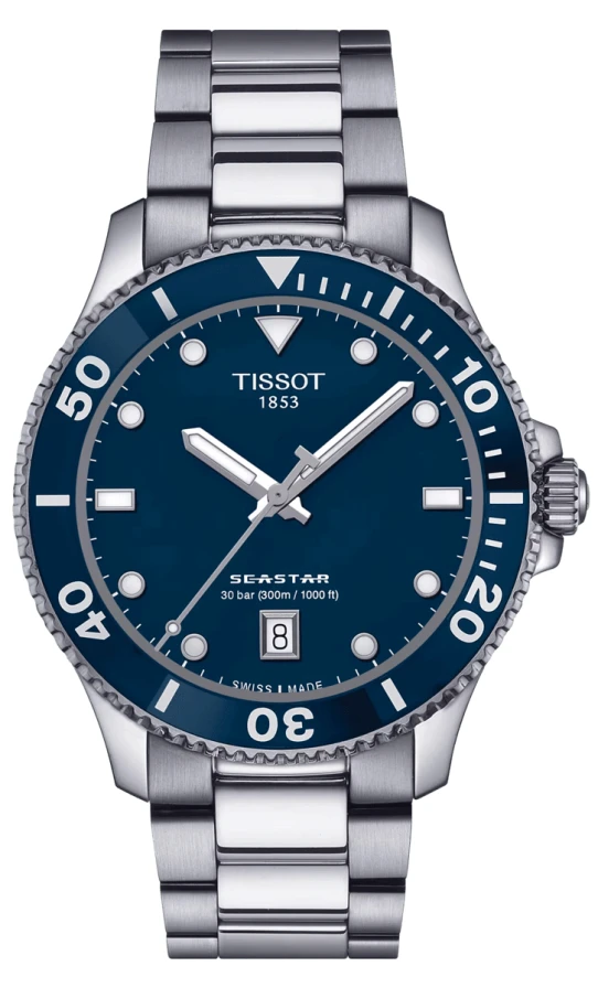 Tissot T120.410.11.041.00 Seastar 1000 - Мъжки ръчен часовник с кварцов механизъм - корпус от Стомана и керамика - Стоманена верижка - цвят Син Сив
