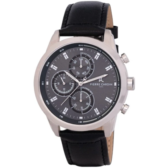 Мъжки ръчен часовник с кварцов механизъм - корпус от Стомана - Естествена кожа - цвят Черен Черен